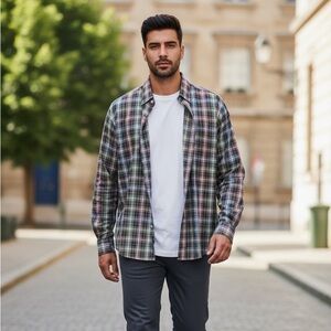 Faconnable Men’s Large 100% Cotton Long Sleeve Button Up Plaid Shirt